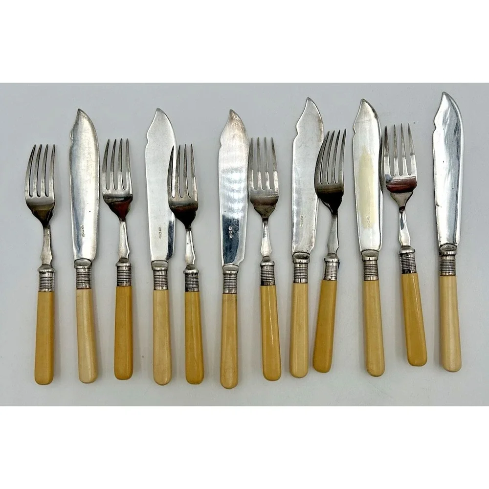 Vintage Silver Plate Fish‎ Knife & Fork Set 12 Piece Ivory Celluloid Handles